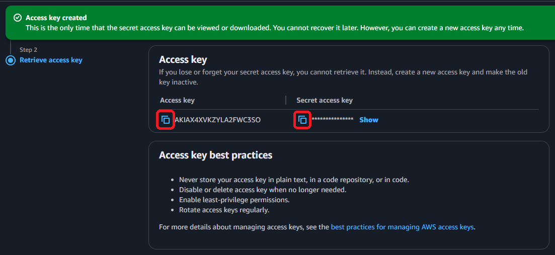 AWS IAM Dashboard copy keys