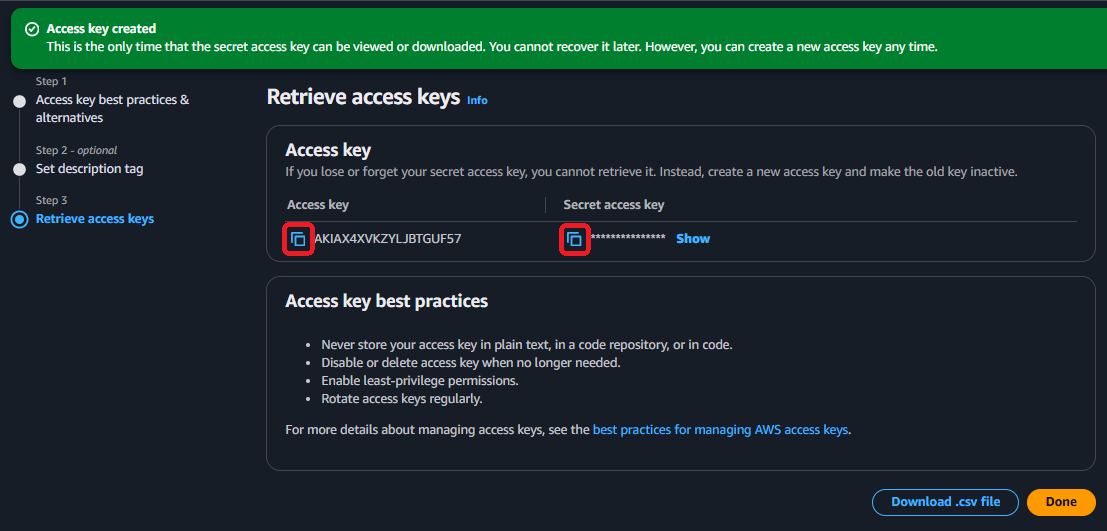 AWS IAM Dashboard copy key