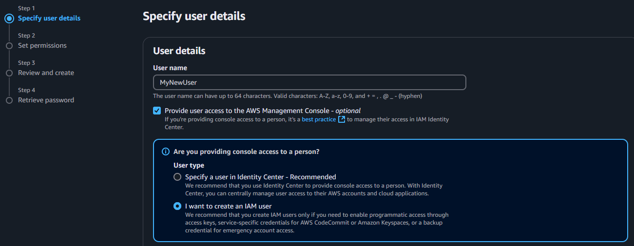 AWS IAM Dashboard create user 1