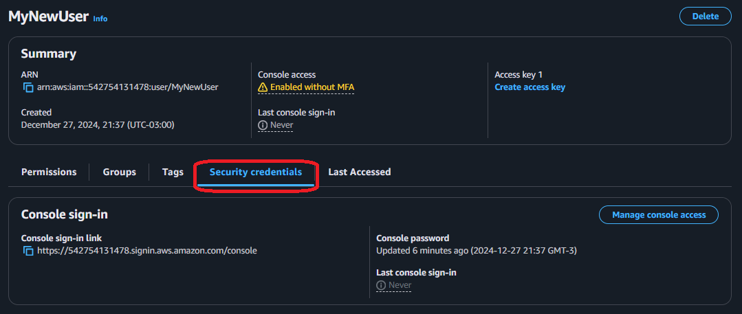 AWS IAM Dashboard user detauls 1