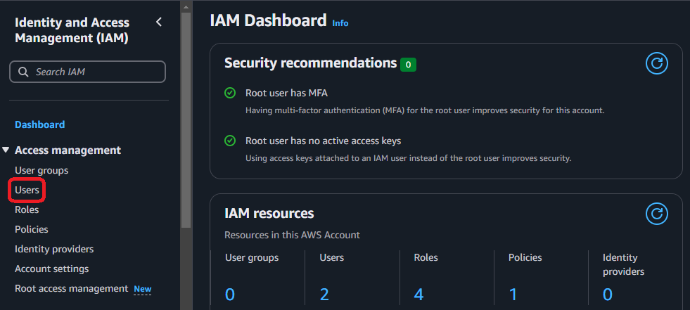 AWS IAM Dashboard select users