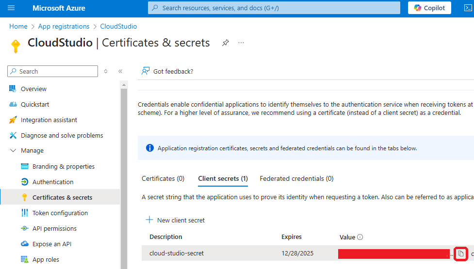 Azure app copy secret