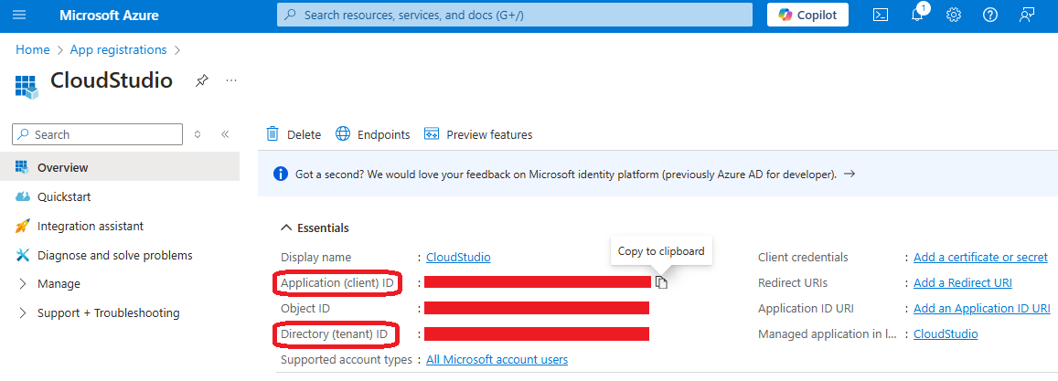 Azure copy app keys