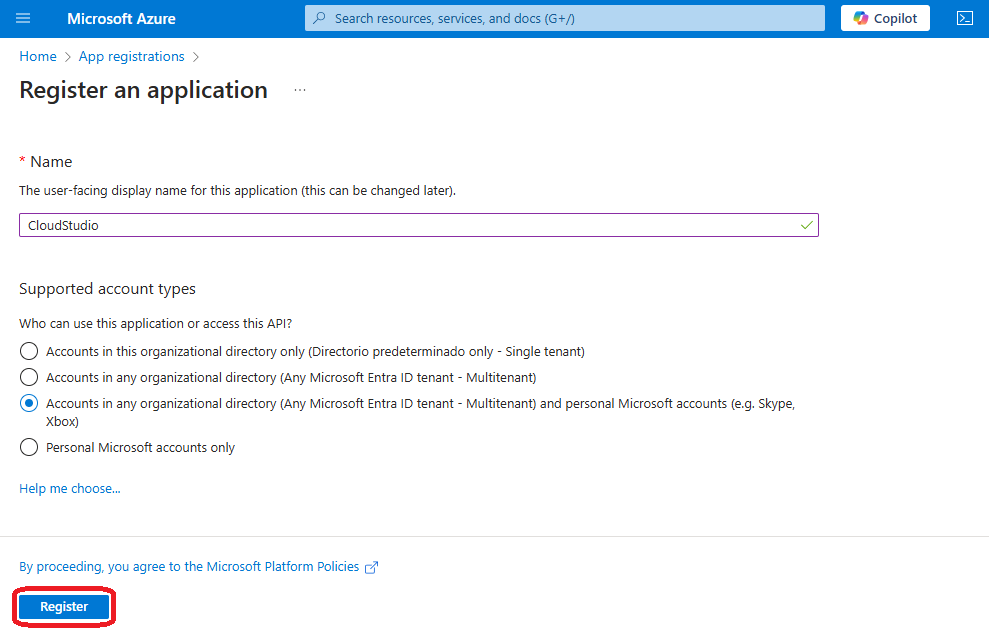 Azure registrater new app
