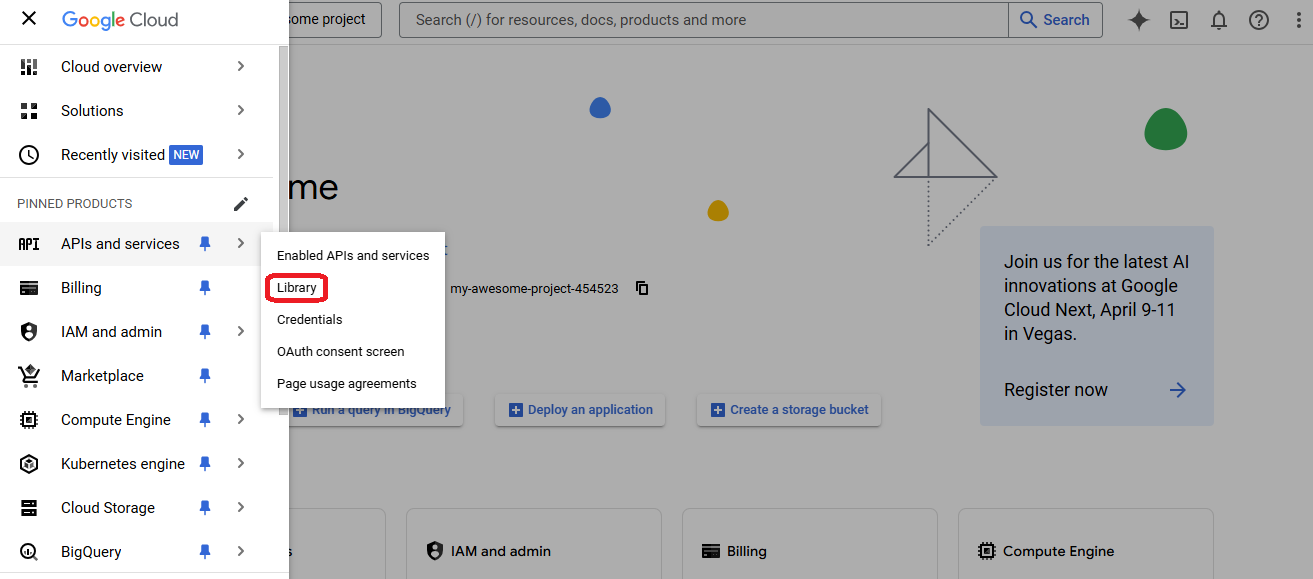 GCP Leftside menu