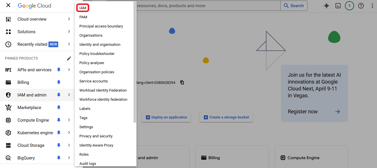 GCP Leftside menu