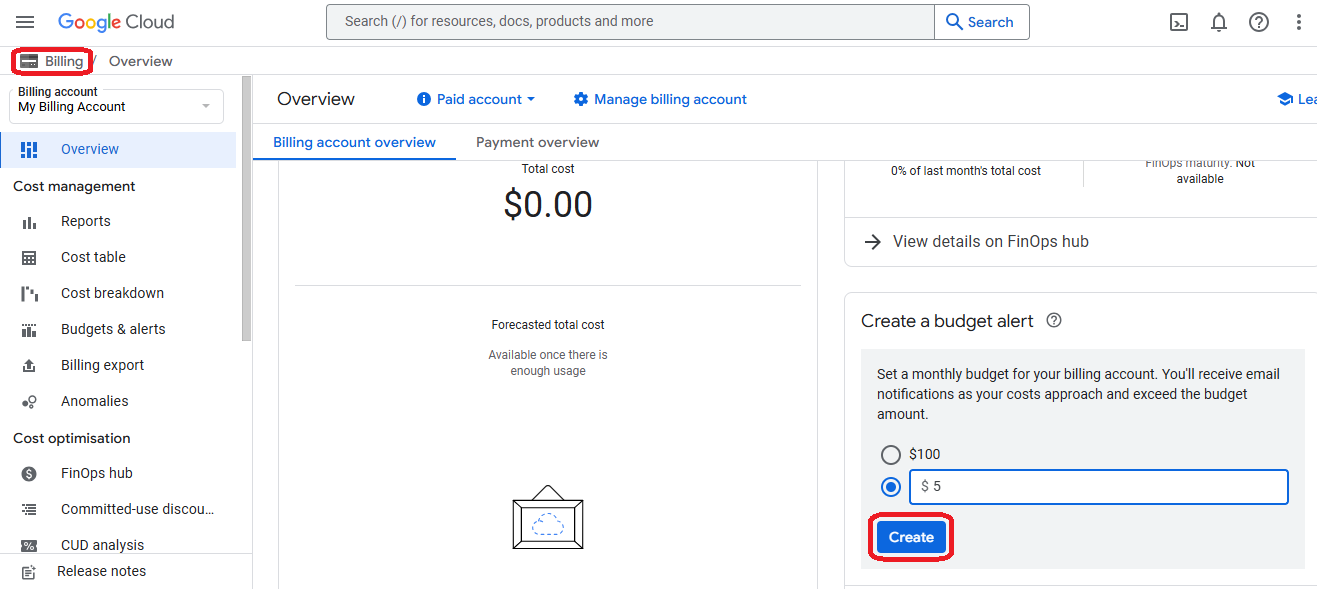 GCP Billing account budget alert