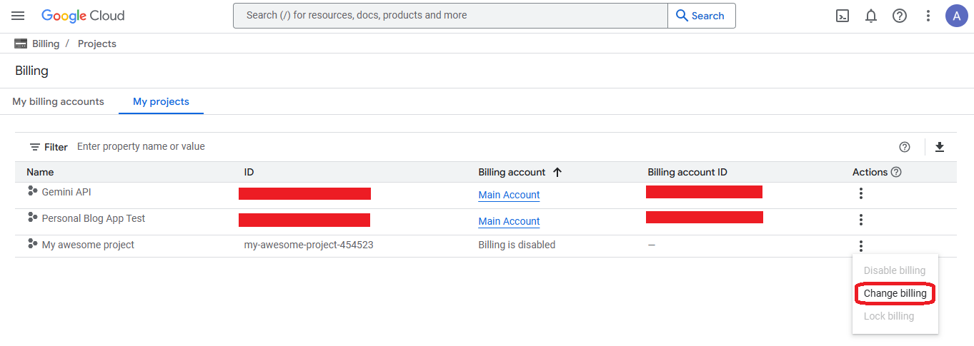 GCP Projects tabs