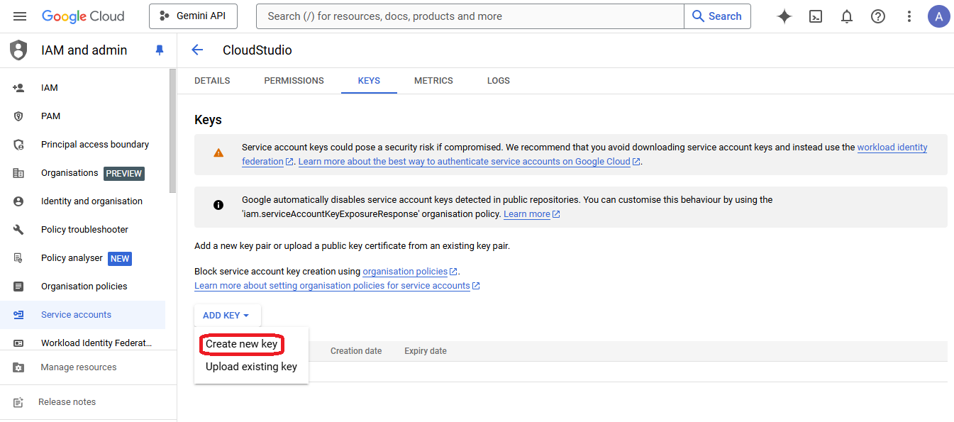 GCP Service account add key