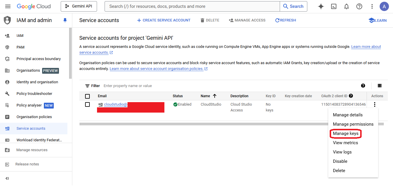 GCP Service account manage keys