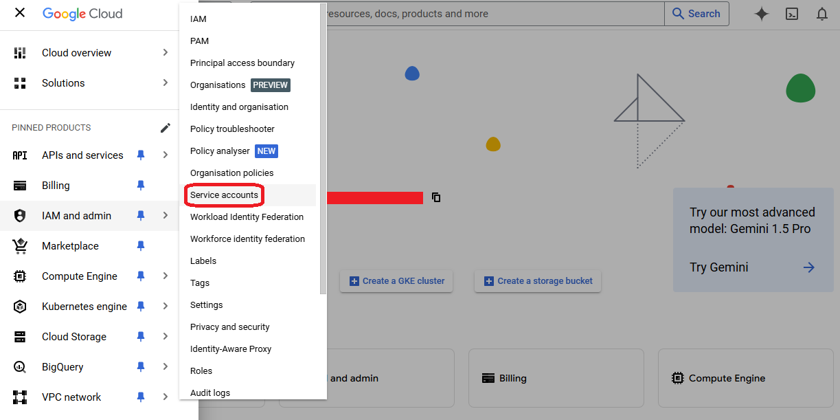 GCP Leftside menu